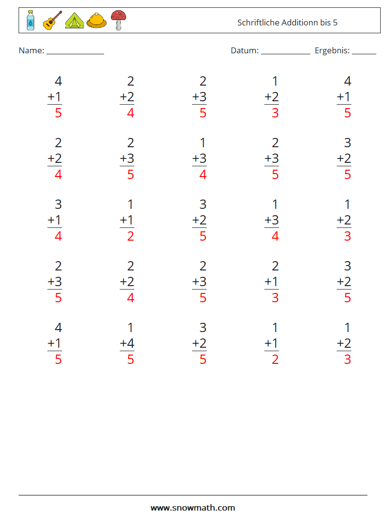 (25) Schriftliche Additionn bis 5 Mathe-Arbeitsblätter 8 Frage, Antwort