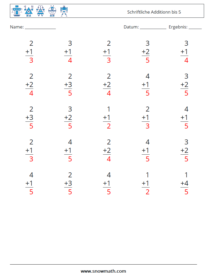 (25) Schriftliche Additionn bis 5 Mathe-Arbeitsblätter 9 Frage, Antwort