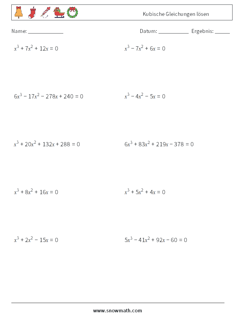 Kubische Gleichungen lösen Mathe-Arbeitsblätter 1