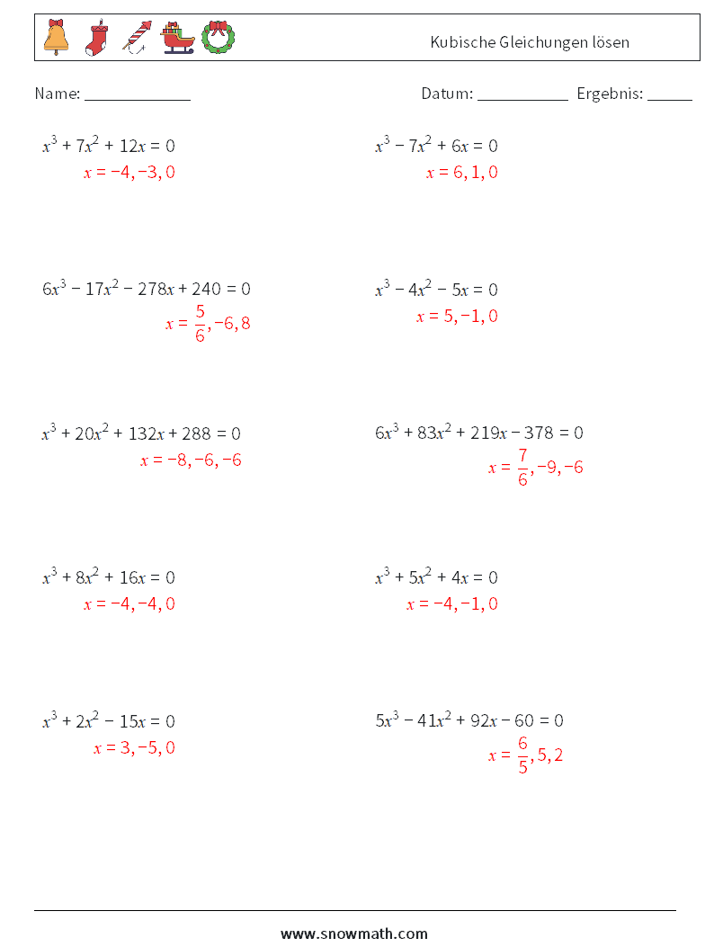 Kubische Gleichungen lösen Mathe-Arbeitsblätter 1 Frage, Antwort