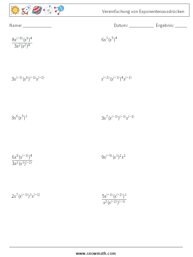  Vereinfachung von Exponentenausdrücken Mathe-Arbeitsblätter 1