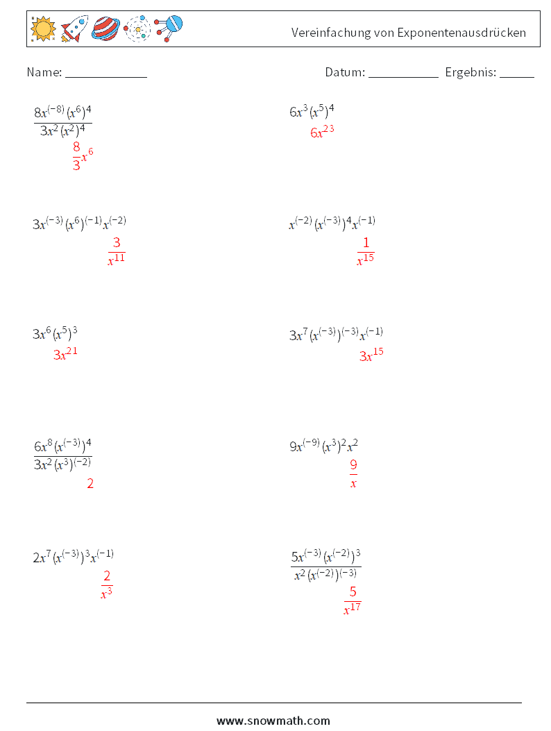  Vereinfachung von Exponentenausdrücken Mathe-Arbeitsblätter 1 Frage, Antwort