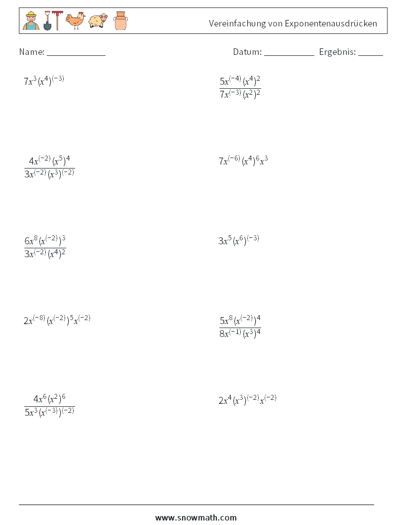  Vereinfachung von Exponentenausdrücken Mathe-Arbeitsblätter 2