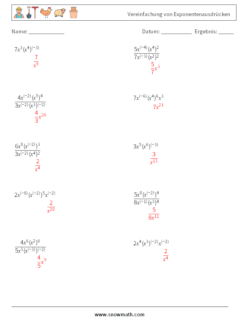  Vereinfachung von Exponentenausdrücken Mathe-Arbeitsblätter 2 Frage, Antwort