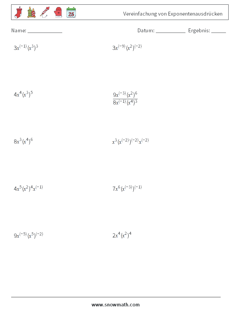  Vereinfachung von Exponentenausdrücken Mathe-Arbeitsblätter 3