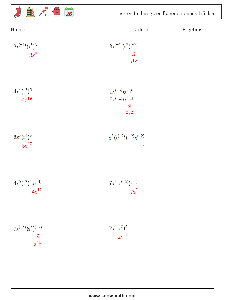  Vereinfachung von Exponentenausdrücken Mathe-Arbeitsblätter 3 Frage, Antwort