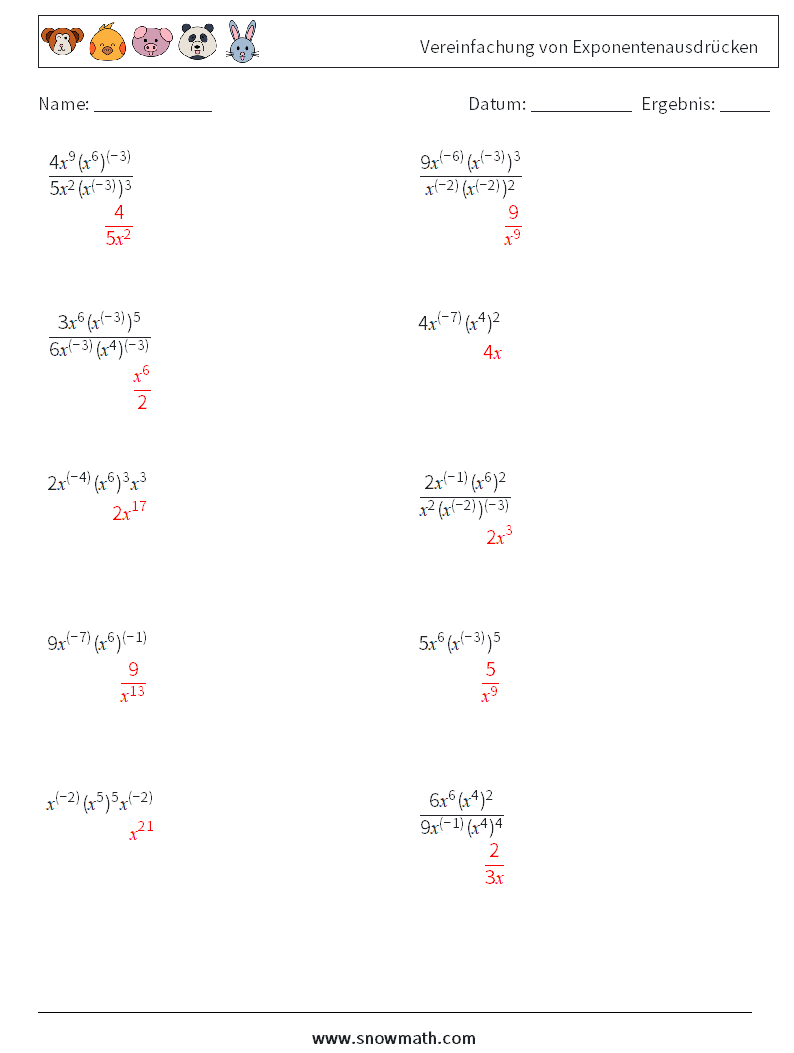  Vereinfachung von Exponentenausdrücken Mathe-Arbeitsblätter 4 Frage, Antwort
