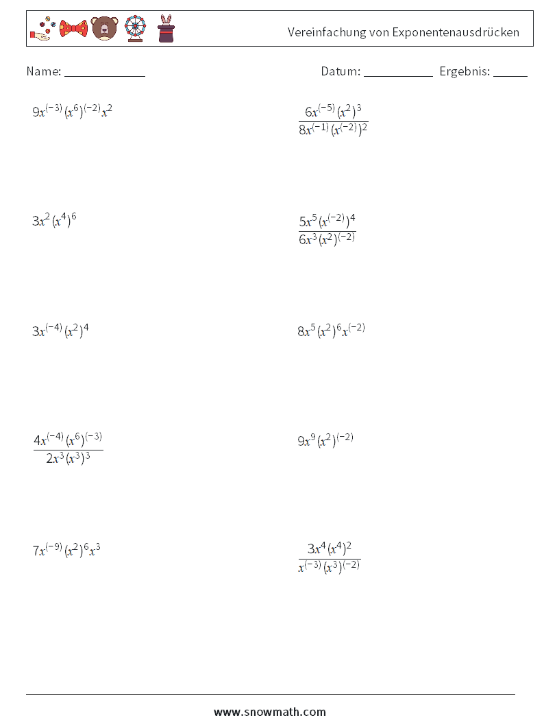  Vereinfachung von Exponentenausdrücken Mathe-Arbeitsblätter 5