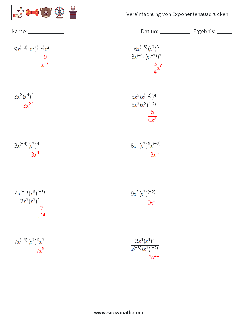  Vereinfachung von Exponentenausdrücken Mathe-Arbeitsblätter 5 Frage, Antwort