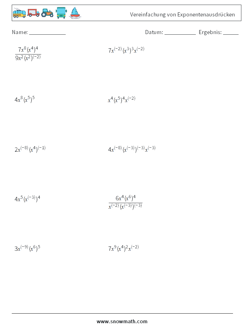  Vereinfachung von Exponentenausdrücken Mathe-Arbeitsblätter 6
