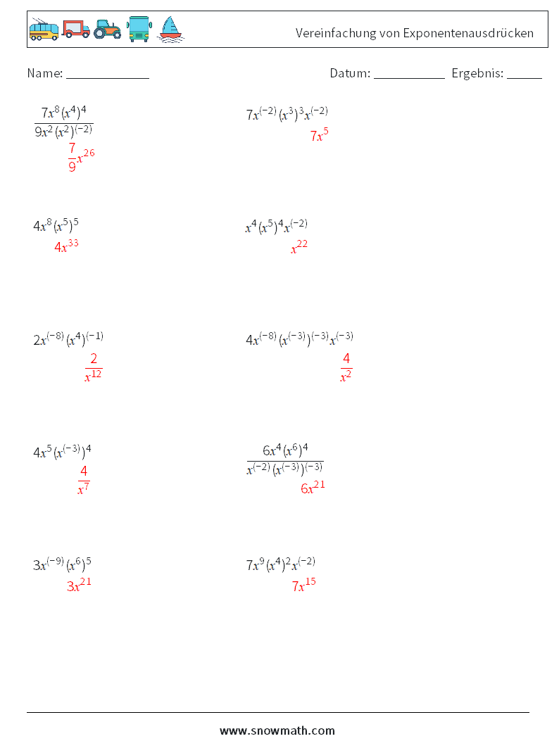  Vereinfachung von Exponentenausdrücken Mathe-Arbeitsblätter 6 Frage, Antwort