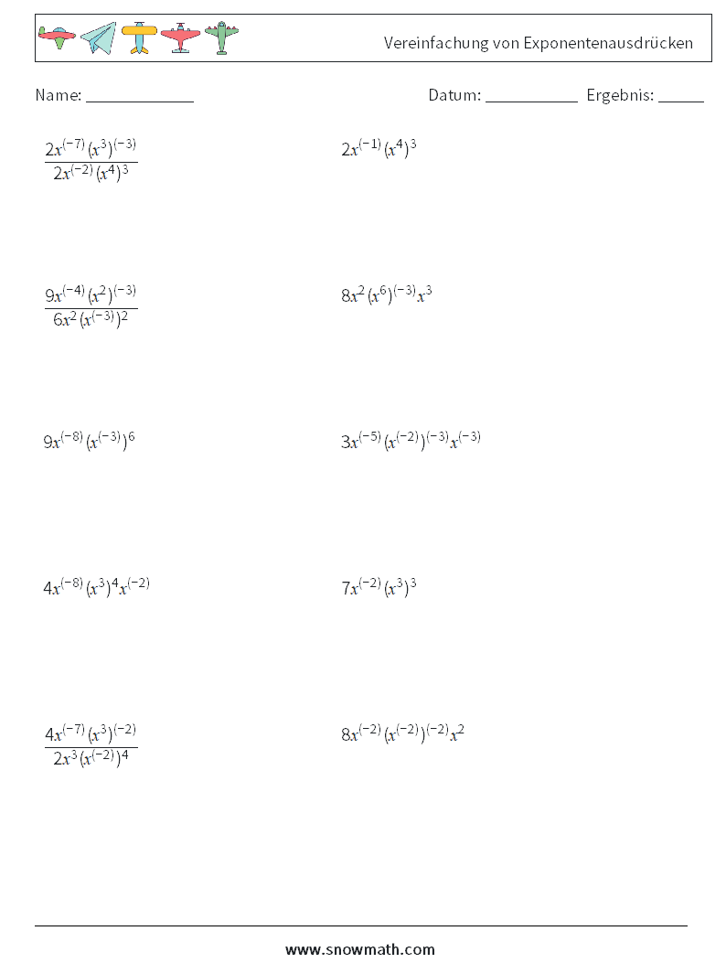  Vereinfachung von Exponentenausdrücken Mathe-Arbeitsblätter 7