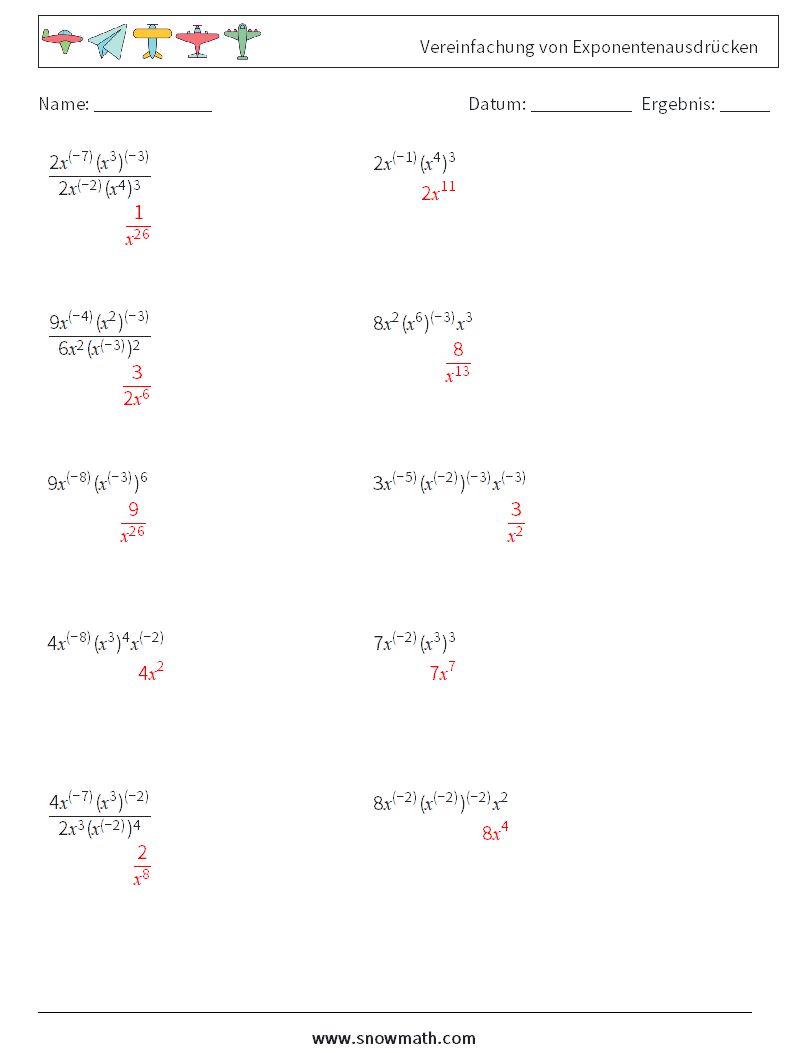  Vereinfachung von Exponentenausdrücken Mathe-Arbeitsblätter 7 Frage, Antwort