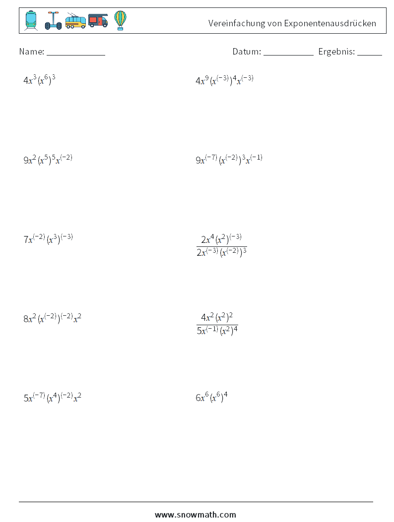  Vereinfachung von Exponentenausdrücken Mathe-Arbeitsblätter 8