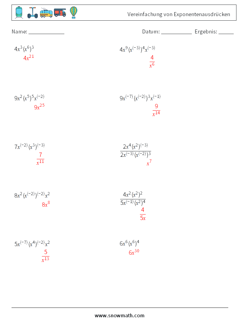  Vereinfachung von Exponentenausdrücken Mathe-Arbeitsblätter 8 Frage, Antwort