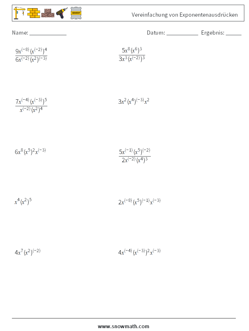  Vereinfachung von Exponentenausdrücken Mathe-Arbeitsblätter 9