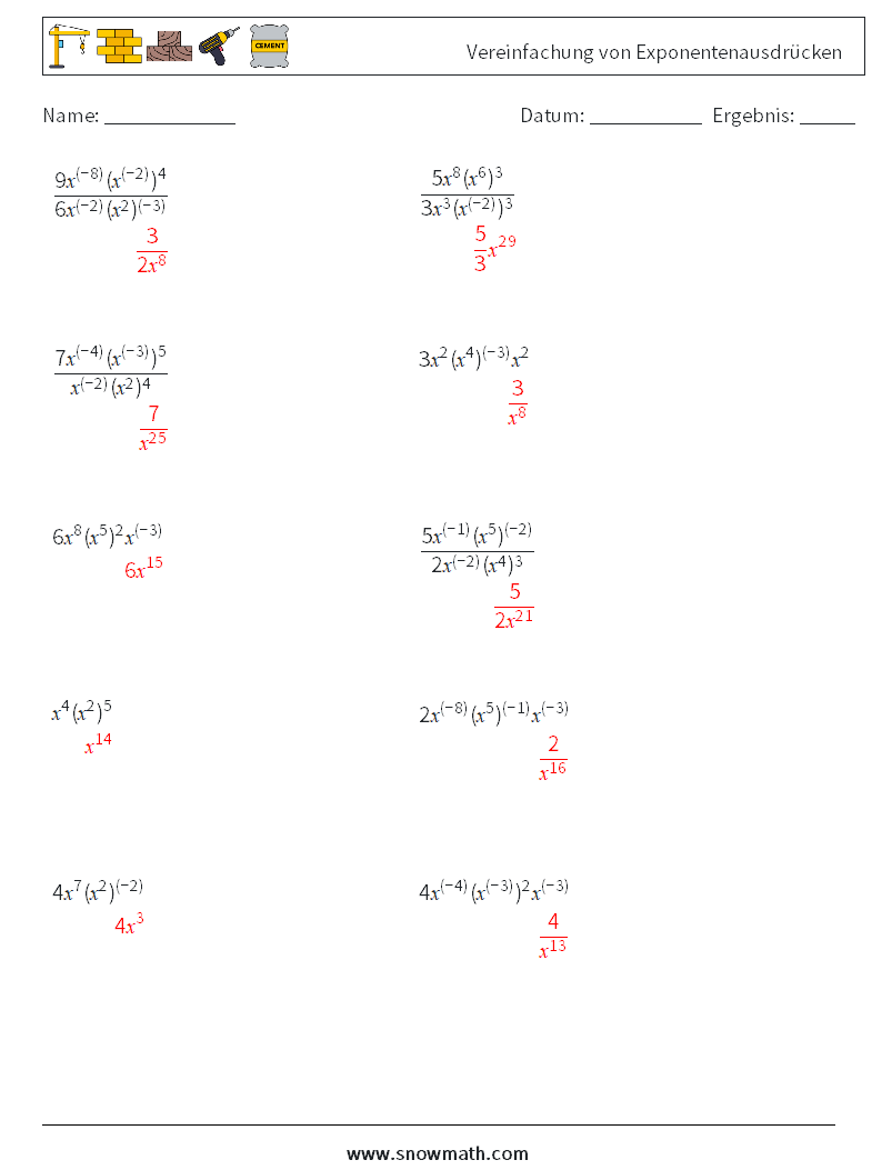  Vereinfachung von Exponentenausdrücken Mathe-Arbeitsblätter 9 Frage, Antwort