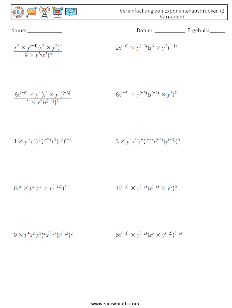  Vereinfachung von Exponentenausdrücken (2 Variablen) Mathe-Arbeitsblätter 1