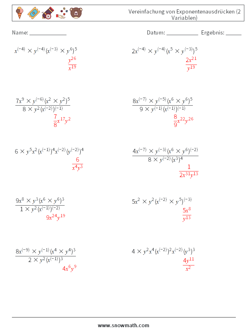  Vereinfachung von Exponentenausdrücken (2 Variablen) Mathe-Arbeitsblätter 2 Frage, Antwort