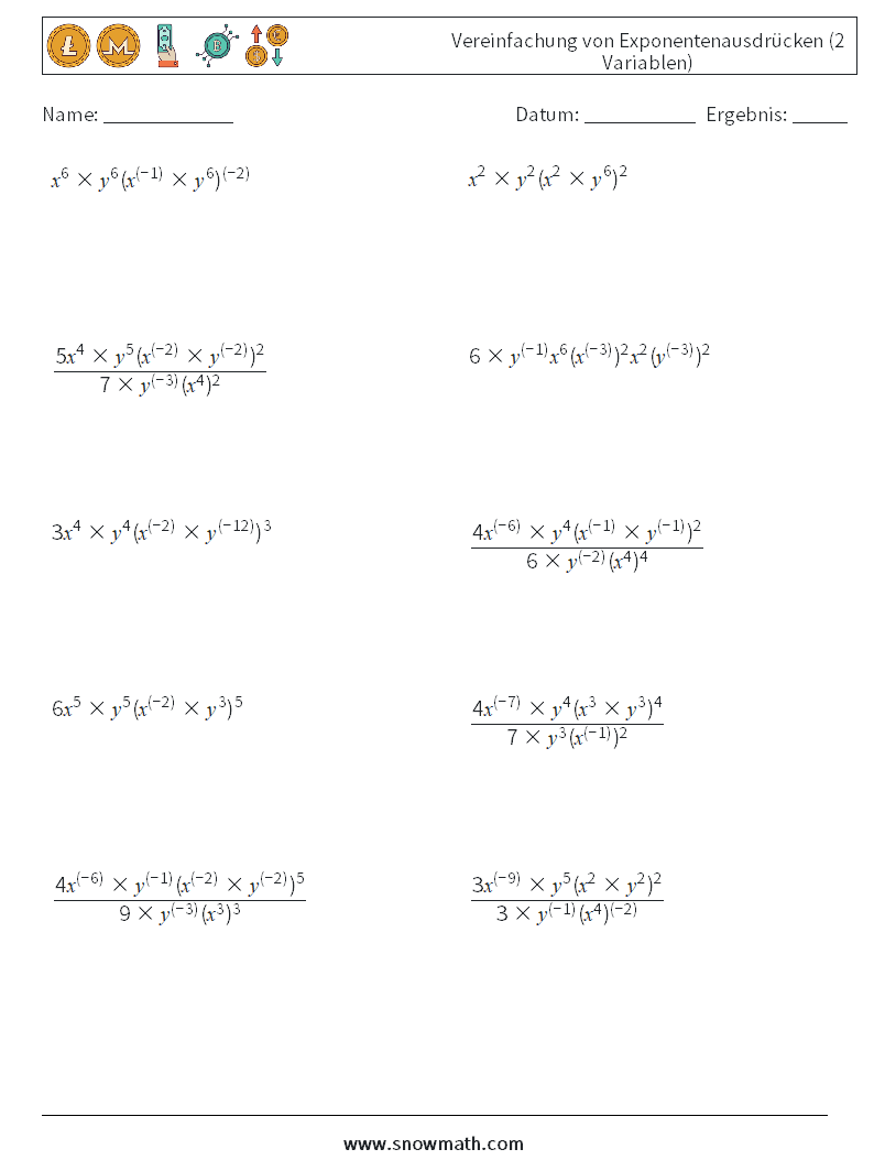  Vereinfachung von Exponentenausdrücken (2 Variablen) Mathe-Arbeitsblätter 3
