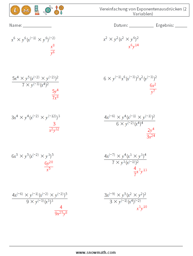  Vereinfachung von Exponentenausdrücken (2 Variablen) Mathe-Arbeitsblätter 3 Frage, Antwort