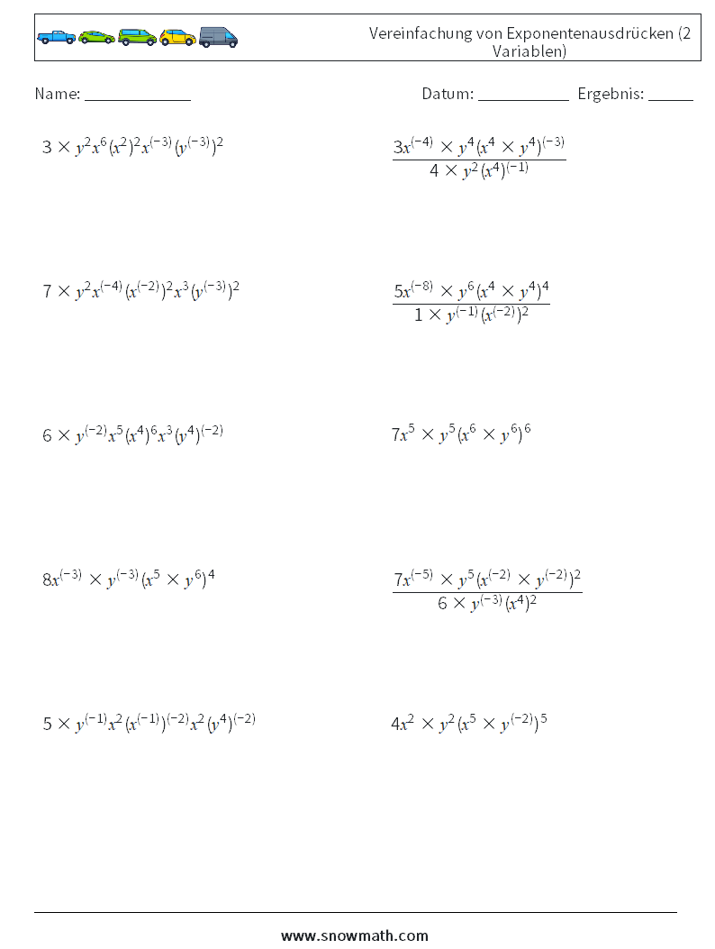 Vereinfachung von Exponentenausdrücken (2 Variablen) Mathe-Arbeitsblätter 4