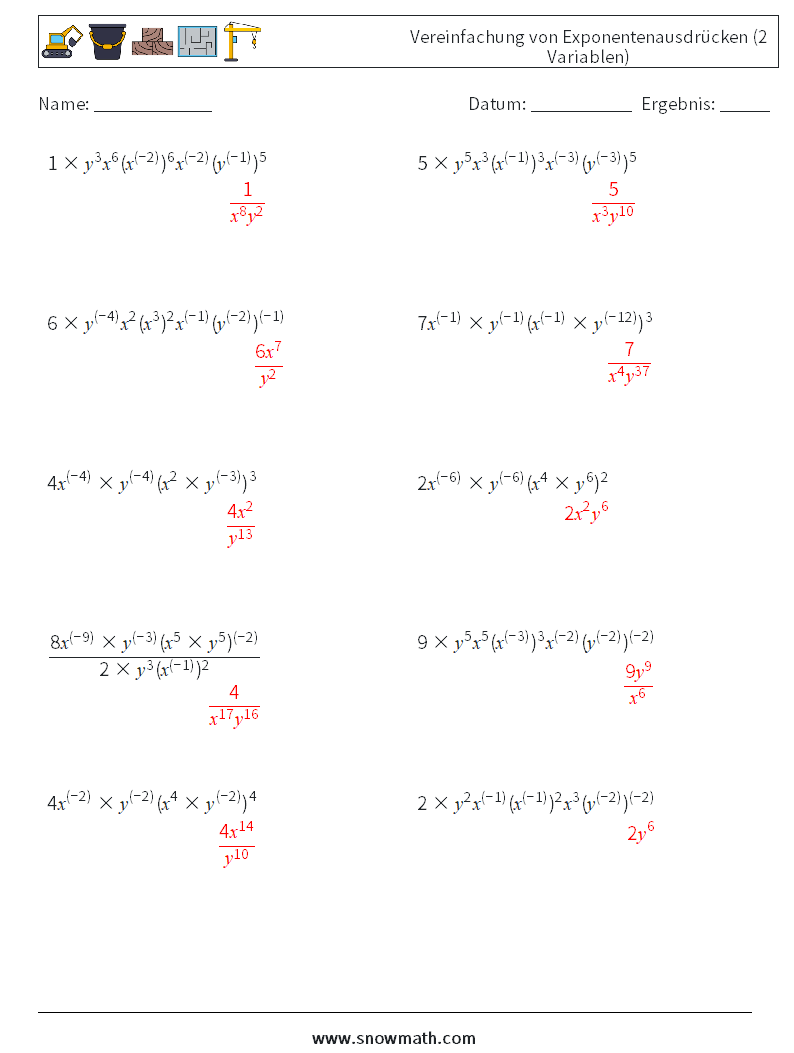  Vereinfachung von Exponentenausdrücken (2 Variablen) Mathe-Arbeitsblätter 5 Frage, Antwort