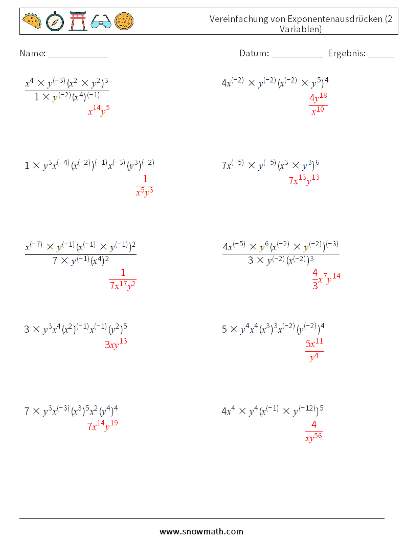  Vereinfachung von Exponentenausdrücken (2 Variablen) Mathe-Arbeitsblätter 7 Frage, Antwort