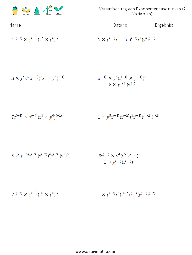  Vereinfachung von Exponentenausdrücken (2 Variablen) Mathe-Arbeitsblätter 8