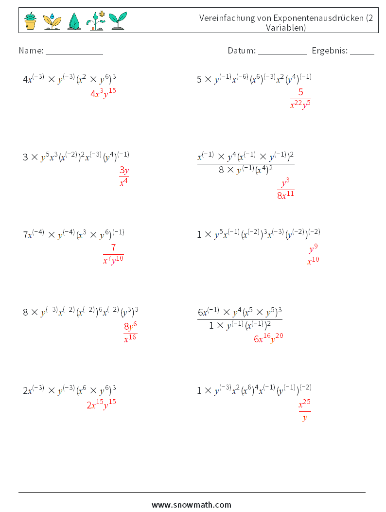  Vereinfachung von Exponentenausdrücken (2 Variablen) Mathe-Arbeitsblätter 8 Frage, Antwort