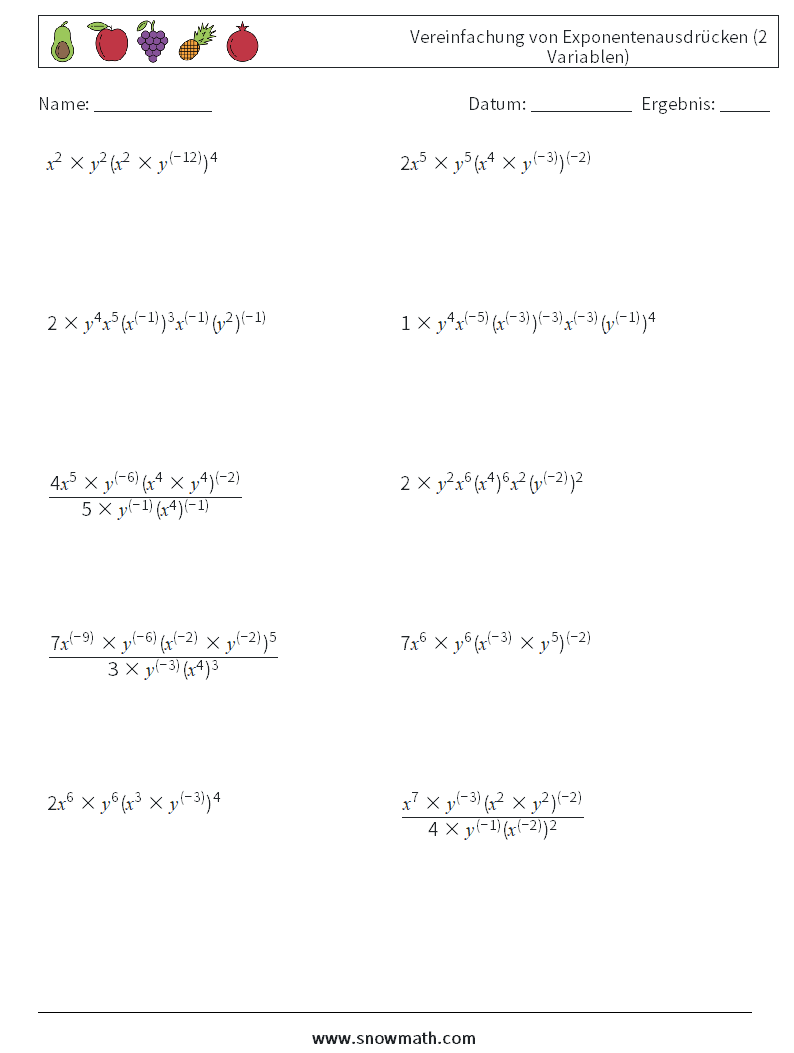  Vereinfachung von Exponentenausdrücken (2 Variablen) Mathe-Arbeitsblätter 9