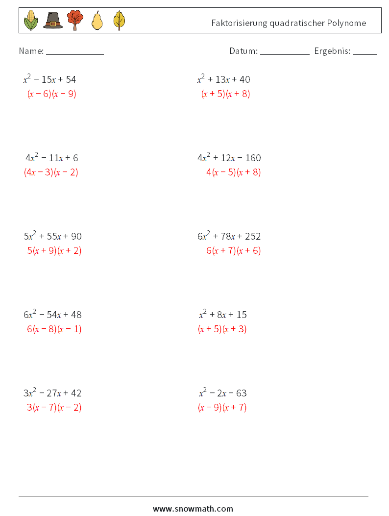 Faktorisierung quadratischer Polynome Mathe-Arbeitsblätter 1 Frage, Antwort