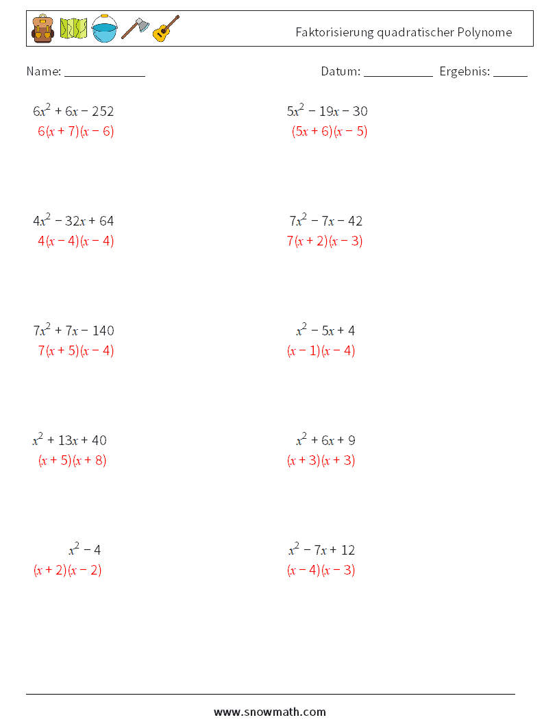 Faktorisierung quadratischer Polynome Mathe-Arbeitsblätter 2 Frage, Antwort
