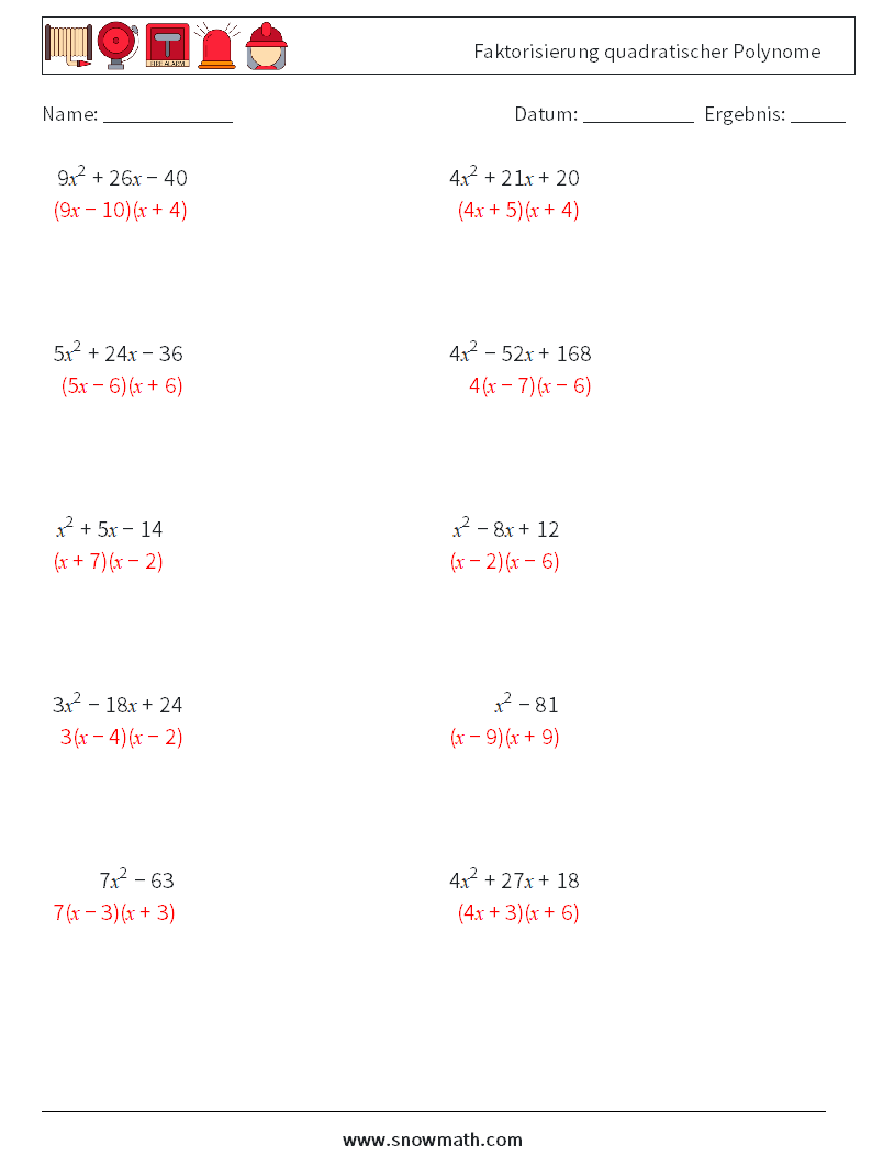Faktorisierung quadratischer Polynome Mathe-Arbeitsblätter 3 Frage, Antwort