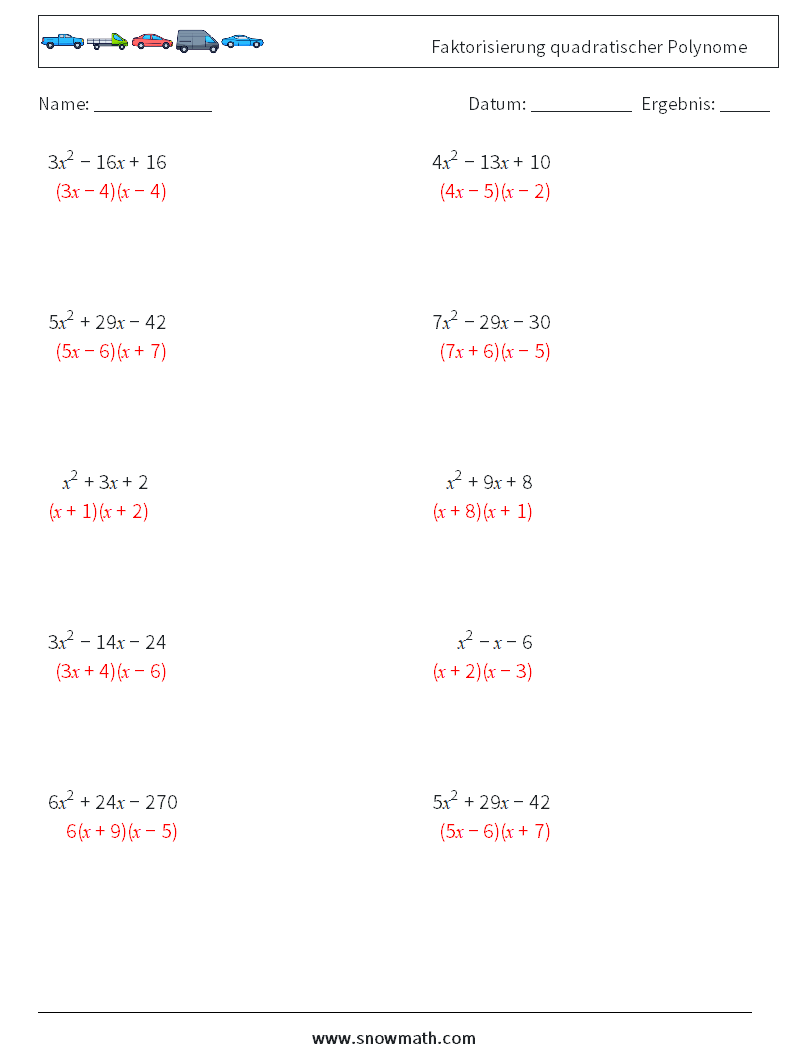 Faktorisierung quadratischer Polynome Mathe-Arbeitsblätter 4 Frage, Antwort
