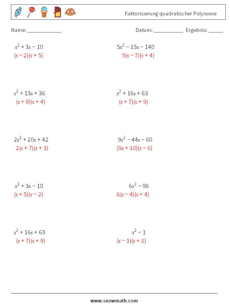 Faktorisierung quadratischer Polynome Mathe-Arbeitsblätter 5 Frage, Antwort