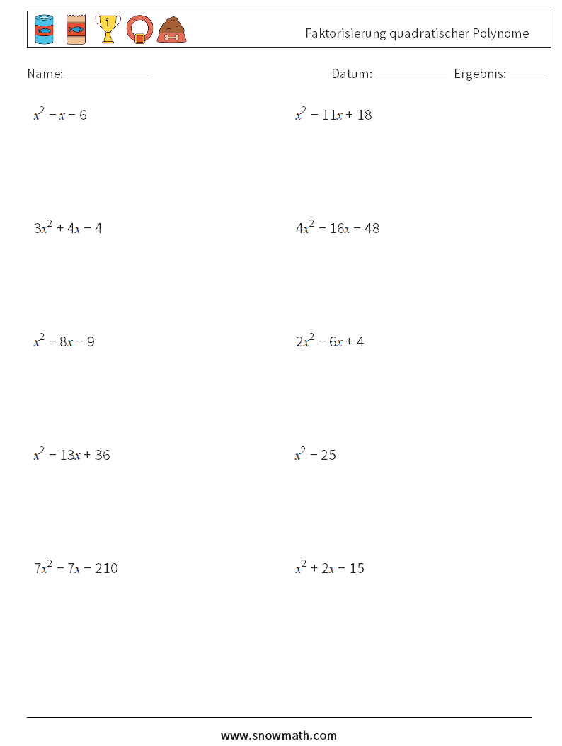 Faktorisierung quadratischer Polynome Mathe-Arbeitsblätter 6