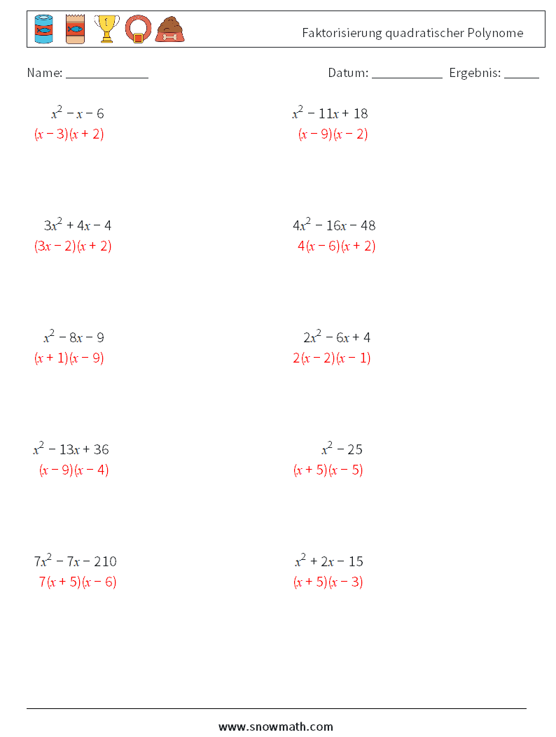 Faktorisierung quadratischer Polynome Mathe-Arbeitsblätter 6 Frage, Antwort