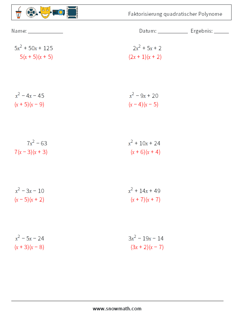 Faktorisierung quadratischer Polynome Mathe-Arbeitsblätter 7 Frage, Antwort
