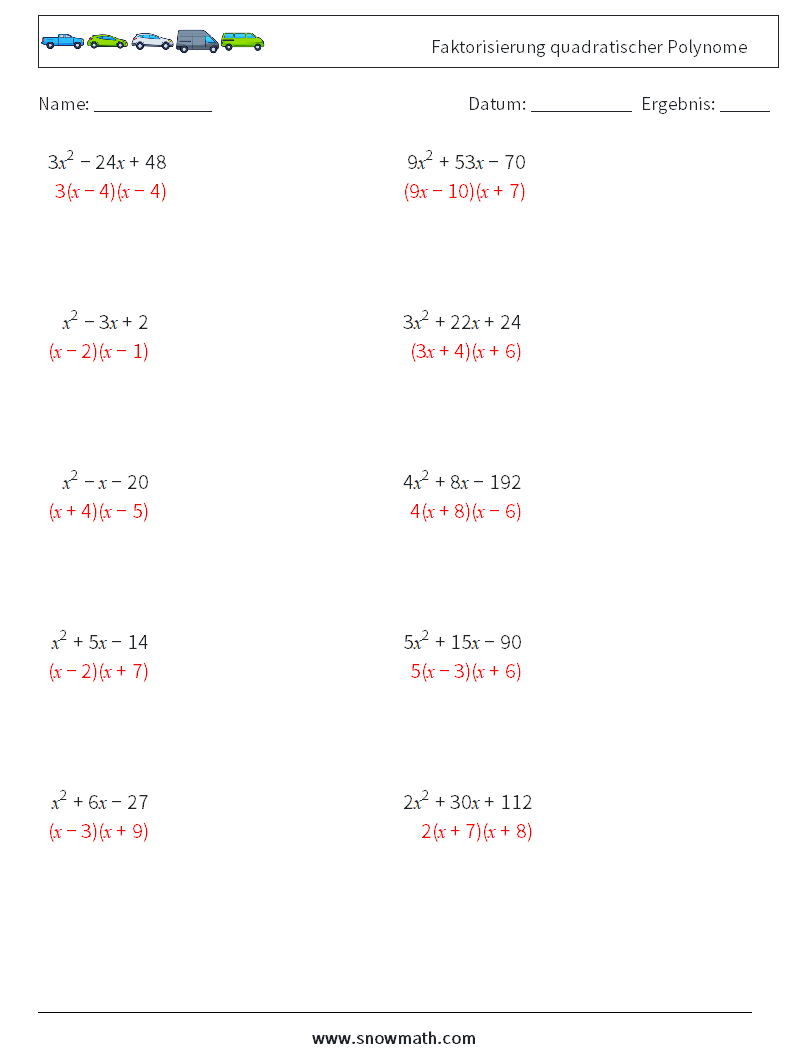 Faktorisierung quadratischer Polynome Mathe-Arbeitsblätter 8 Frage, Antwort
