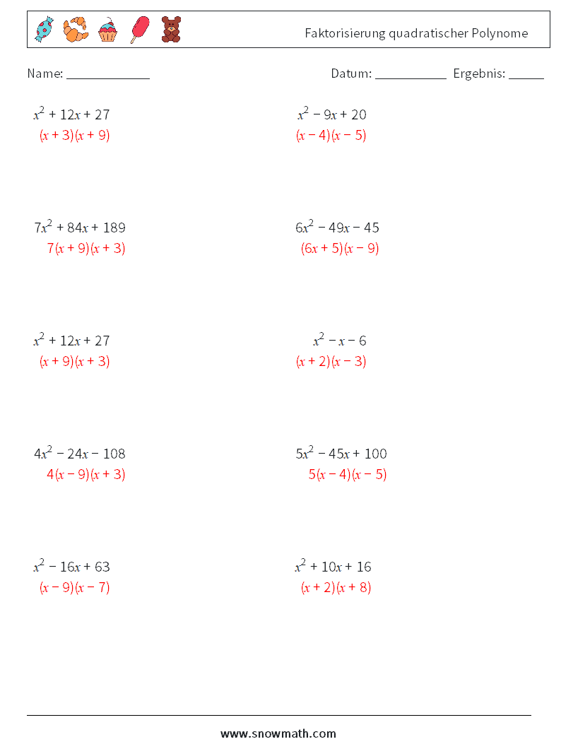 Faktorisierung quadratischer Polynome Mathe-Arbeitsblätter 9 Frage, Antwort