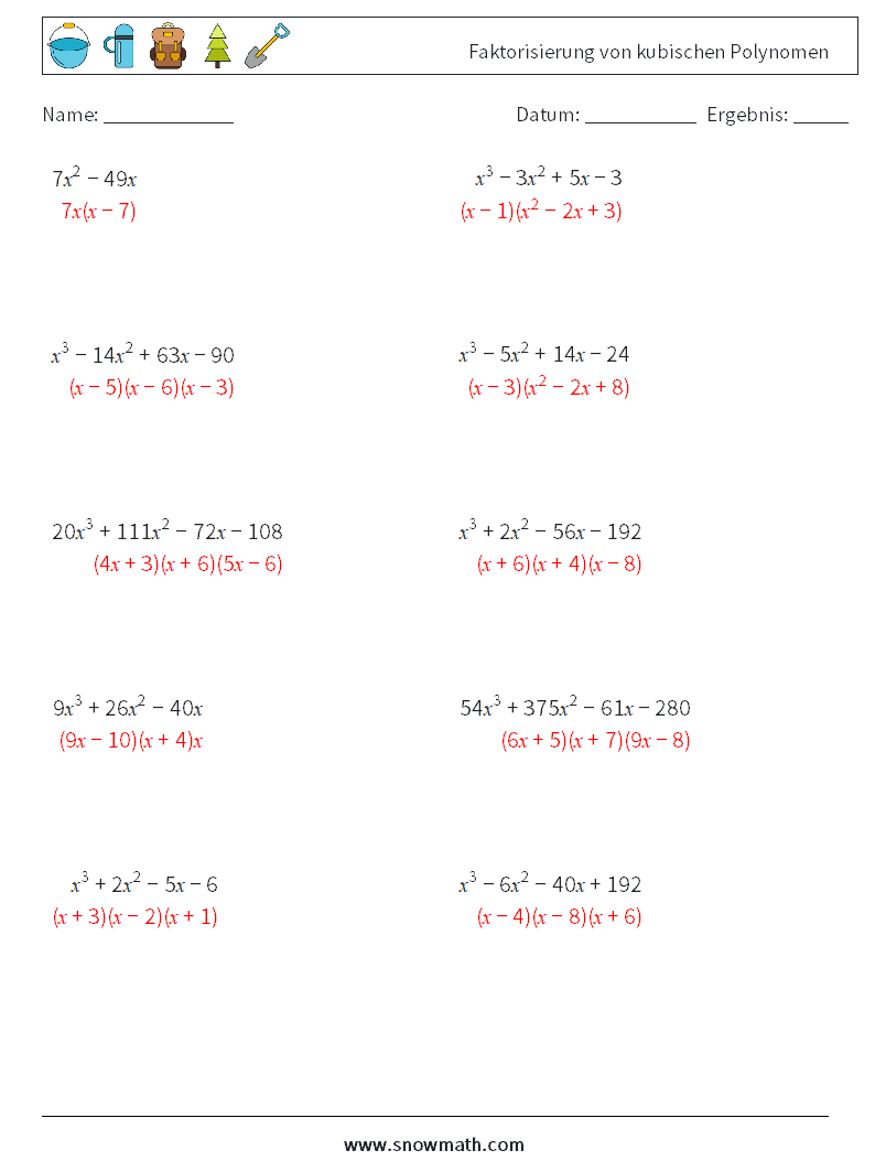 Faktorisierung von kubischen Polynomen Mathe-Arbeitsblätter 1 Frage, Antwort