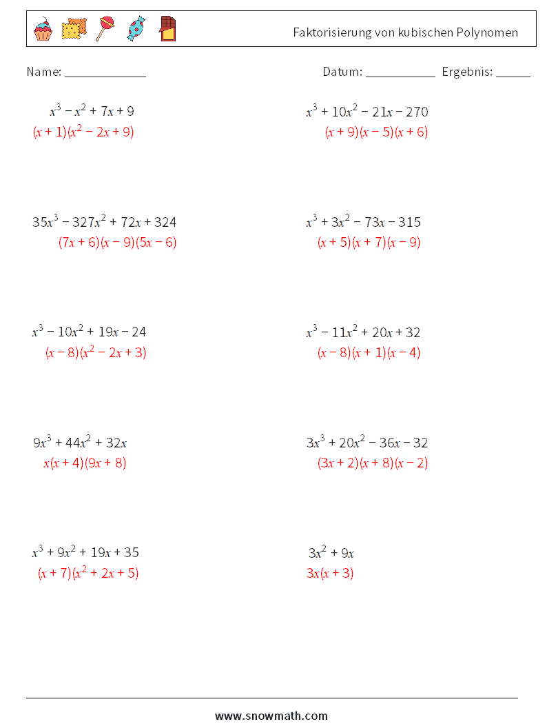 Faktorisierung von kubischen Polynomen Mathe-Arbeitsblätter 2 Frage, Antwort