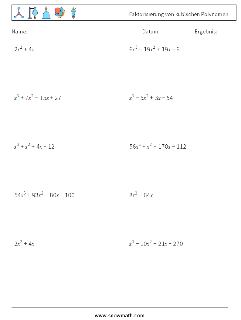 Faktorisierung von kubischen Polynomen Mathe-Arbeitsblätter 3