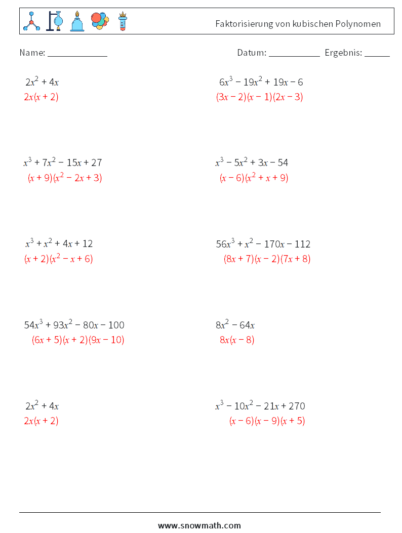 Faktorisierung von kubischen Polynomen Mathe-Arbeitsblätter 3 Frage, Antwort