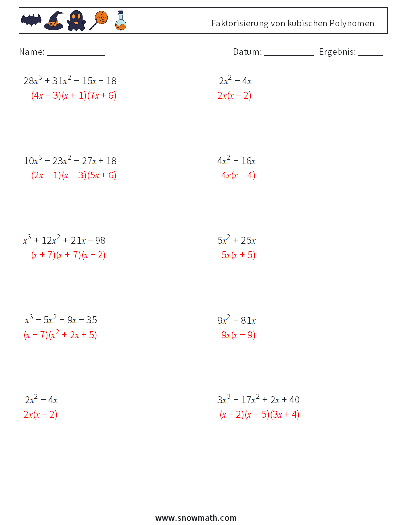 Faktorisierung von kubischen Polynomen Mathe-Arbeitsblätter 4 Frage, Antwort