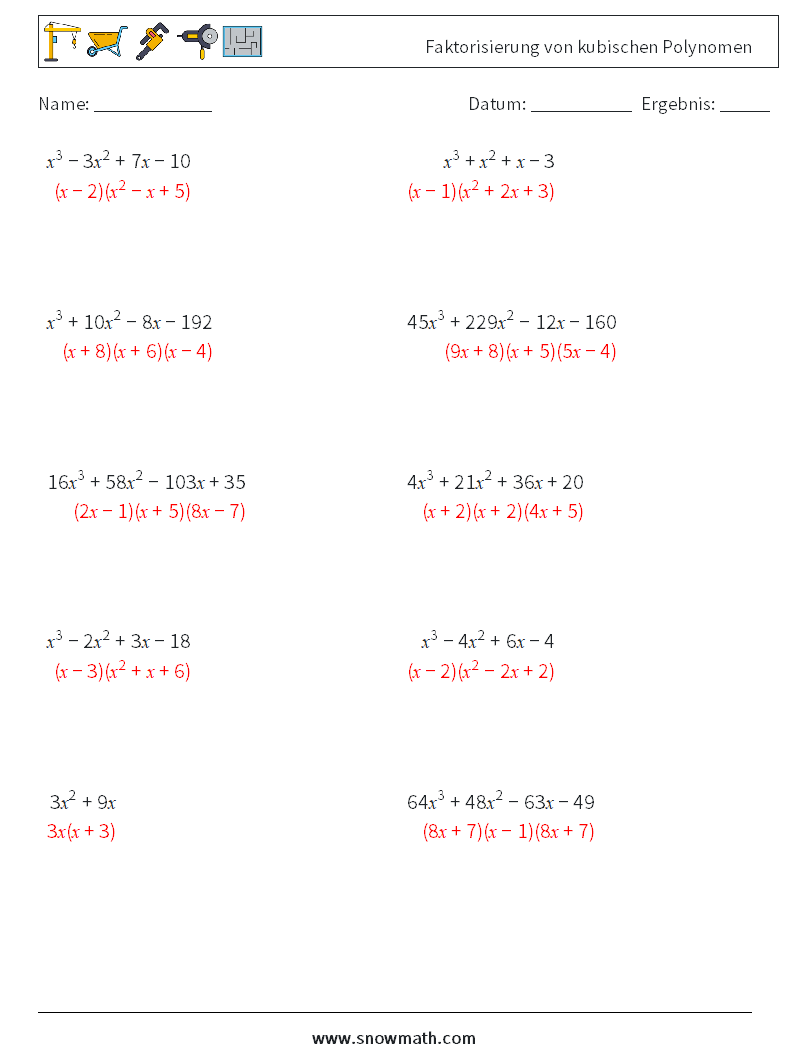 Faktorisierung von kubischen Polynomen Mathe-Arbeitsblätter 5 Frage, Antwort