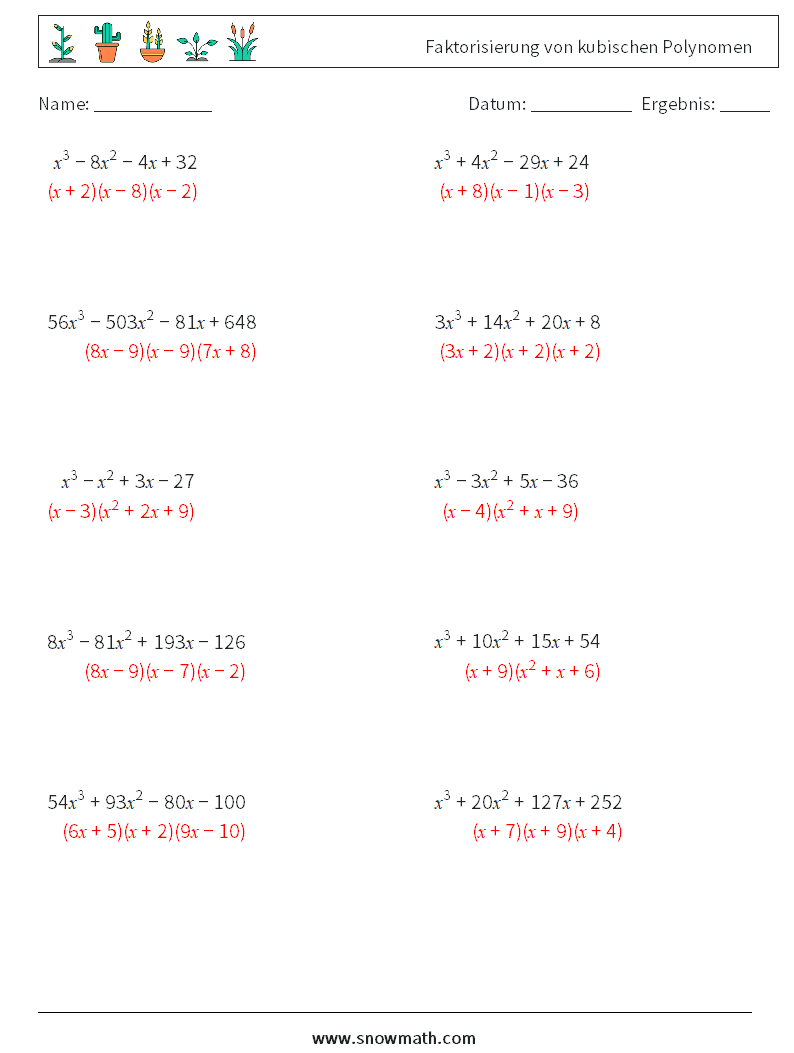 Faktorisierung von kubischen Polynomen Mathe-Arbeitsblätter 6 Frage, Antwort