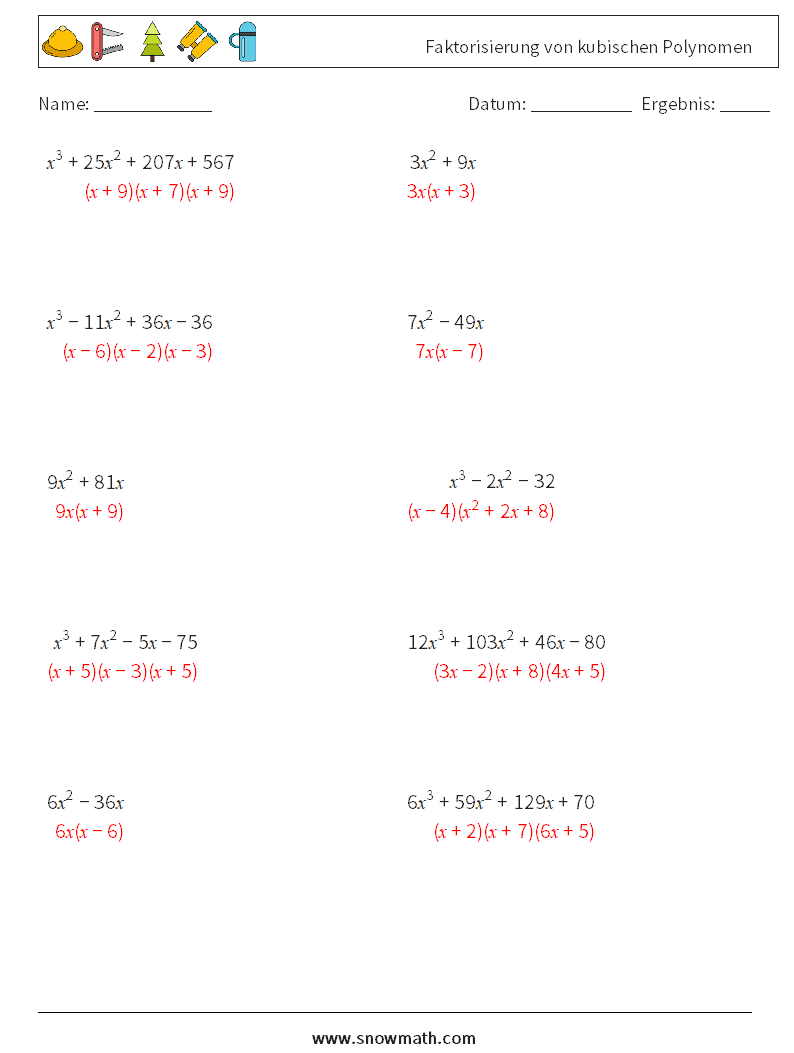 Faktorisierung von kubischen Polynomen Mathe-Arbeitsblätter 7 Frage, Antwort