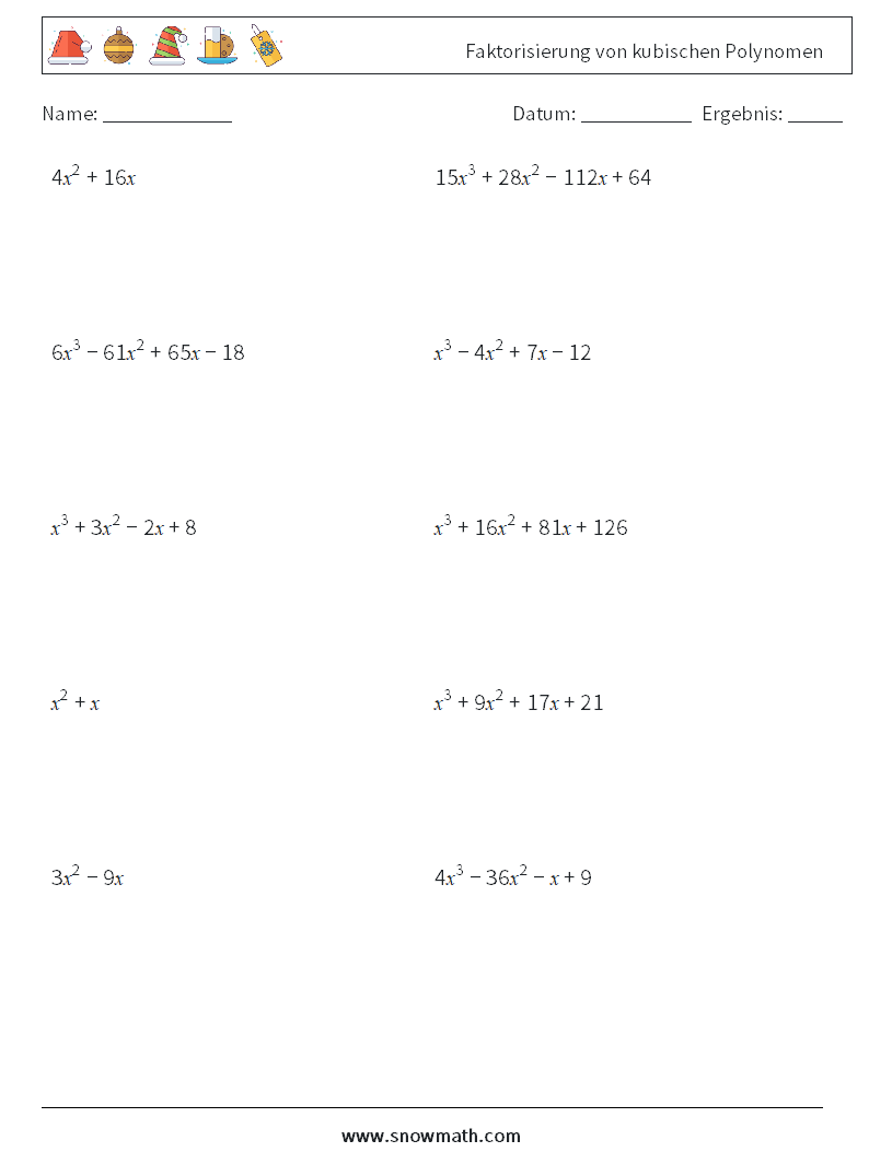 Faktorisierung von kubischen Polynomen Mathe-Arbeitsblätter 8